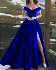 Charming V-neck Off The Shoulder Prom Dresses Long Satin Evening Gowns