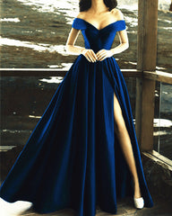 Charming V-neck Off The Shoulder Prom Dresses Long Satin Evening Gowns