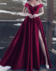 Charming V-neck Off The Shoulder Prom Dresses Long Satin Evening Gowns