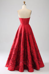 Elegant Princess A-Line Strapless Red Long Prom Dress with 3D Flowers Off Shoulder