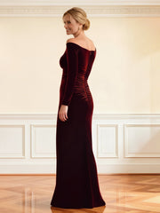 Off-Shoulder V-Cut Long Sleeve Velvet Gown Burgundy