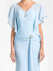 Mermaid / Trumpet Mother of the Bride Dress Vintage Inspired V Neck Floor Length Chiffon Short Sleeve with Beading Side Draping Crystal Brooch