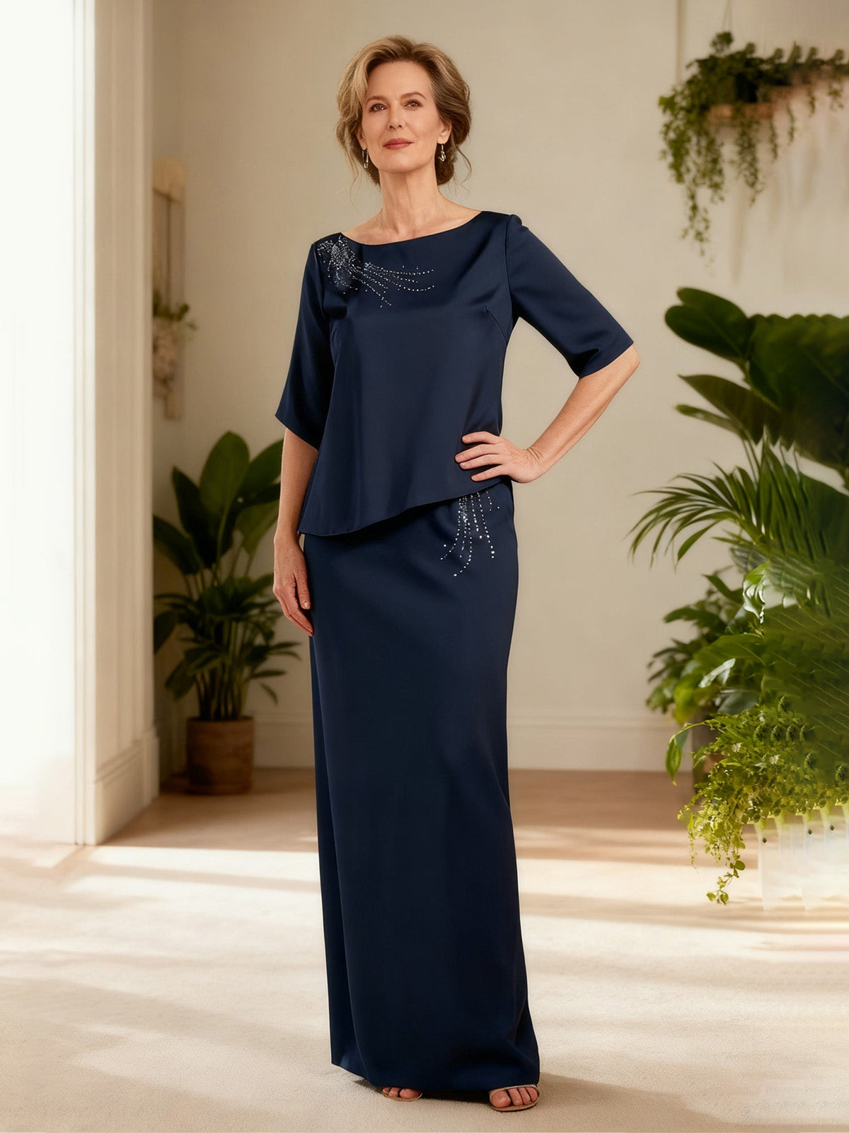 Boat Neck Overlay Top Maxi Ensemble Dark Navy