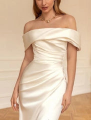 Beach Formal Wedding Dresses Mermaid / Trumpet Off Shoulder Sleeveless Floor Length Charmeuse Bridal Gowns