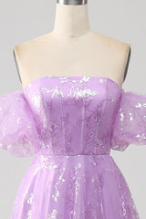 Lilac A Line Strapless Sparkly Sequin Long Prom Dress Off Shoulder Floor Length