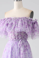 A-Line Off the Shoulder Floral Long Prom Dress With Ruffles Beautiful