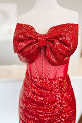 Sweetheart Red Sequin Ruched Short Homecoming Dress with Bow