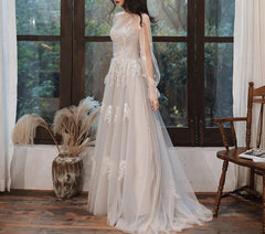 Long Sleeves Lace Tulle Wedding Dress A Line Long Prom Dress Formal Party Gown