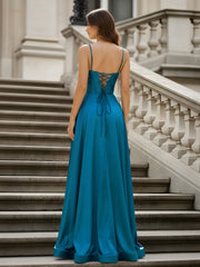 Beaded Corset Sweetheart Neck A-Line Gown Ink Blue