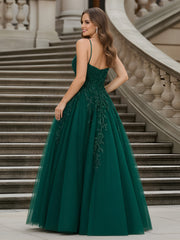 Beaded Appliqued Spaghetti Strap A-Line Dress Dark Green
