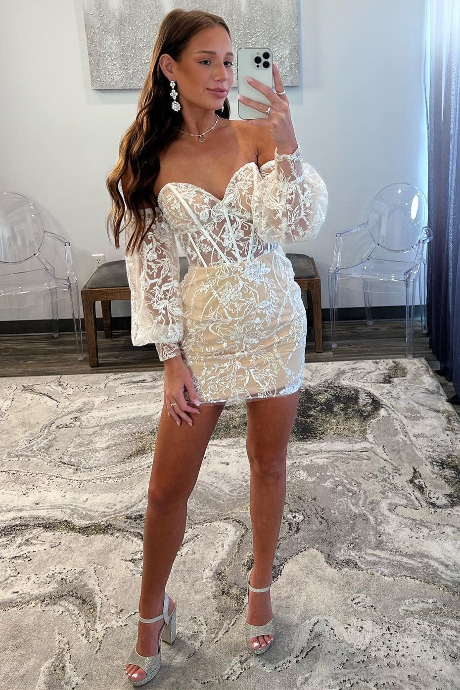 Ivory Lace Strapless Short Gown with Detachable Sleeves