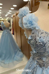 Cute Bloom Blue One Shoulder Beading Prom Dress with Applique