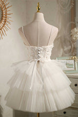 Multi-Tiered White V-Neck Short Party Dress