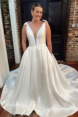 White Satin Plunge V Long Wedding Dress with Bows