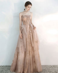 Champagne A line tulle lace long prom dress, champagne evening dress