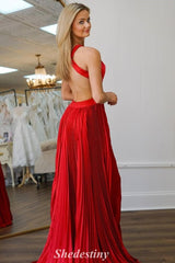 Stunning Red Backless Pleated Halter Prom Dress with Cutout Slit