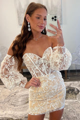 Ivory Lace Strapless Short Gown with Detachable Sleeves