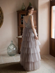 Unique v neck tulle beads long prom dress, tulle evening dress
