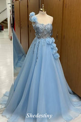 Cute Bloom Blue One Shoulder Beading Prom Dress with Applique