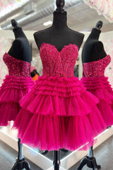 Strapless Tulle Sweetheart Tiered A-Line Short Homecoming Dress with Ruffles