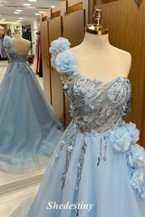 Cute Bloom Blue One Shoulder Beading Prom Dress with Applique