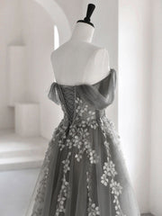 A-Line Off Shoulder Tulle Lace Gray Long Prom Dress, Gray Tulle Lace Formal Dress