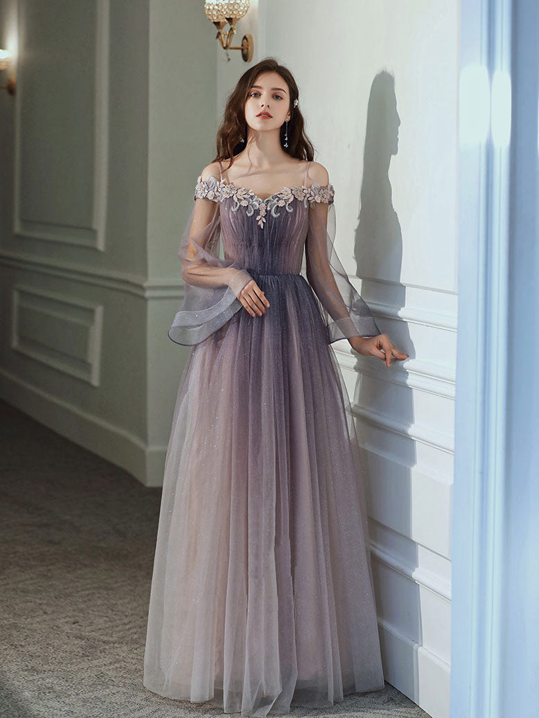 Purple tulle lace off shoulder long prom dress, purple evening dress