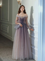 Purple tulle lace off shoulder long prom dress, purple evening dress