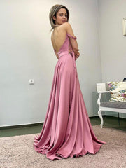 Simple pink satin long prom dress, pink evening dress