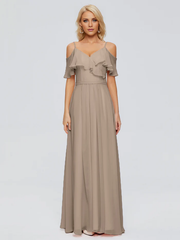 Thin shoulder strap ruffled chiffon and floor length bridesmaid dress
