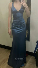 Mermaid V-Neck Navy Blue Satin formal dresses Bridesmaid Dresses evening gown Prom Dress