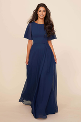 A-line Crew Neck Chiffon formal dresses Bridesmaid Dresses evening gown Prom Dress with Pockets Sash
