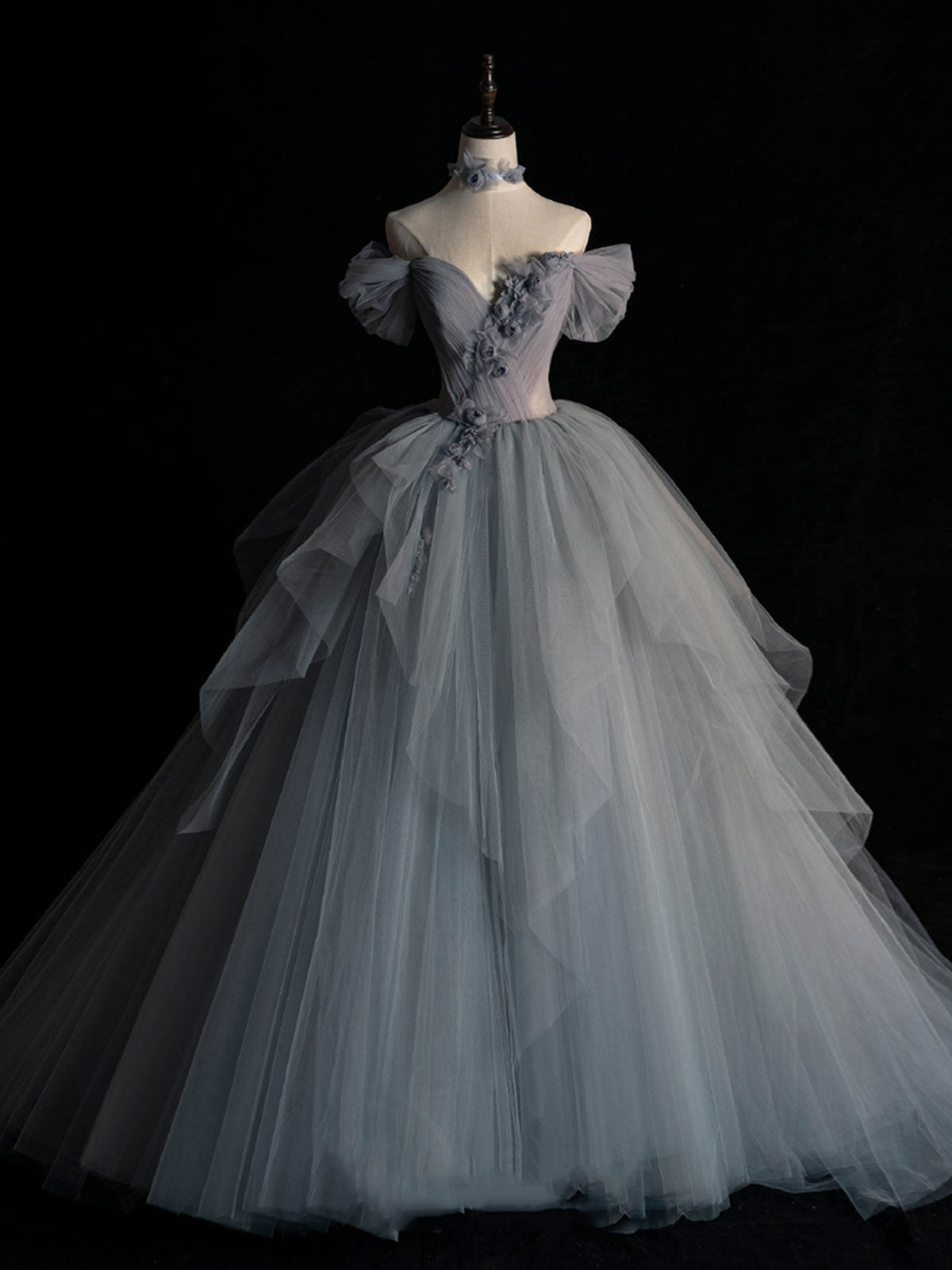 Gray sweetheart neck tulle long prom dress, gray evening dress