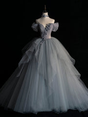 Gray sweetheart neck tulle long prom dress, gray evening dress