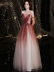 Simple burgundy tulle long prom dress, burgundy formal dress