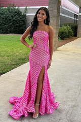 Sequin Strapless Mermaid Train Long Prom Dress with Slit