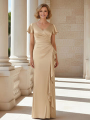 Pleated V-neck Ruffles Sheath Long Dress Champagne