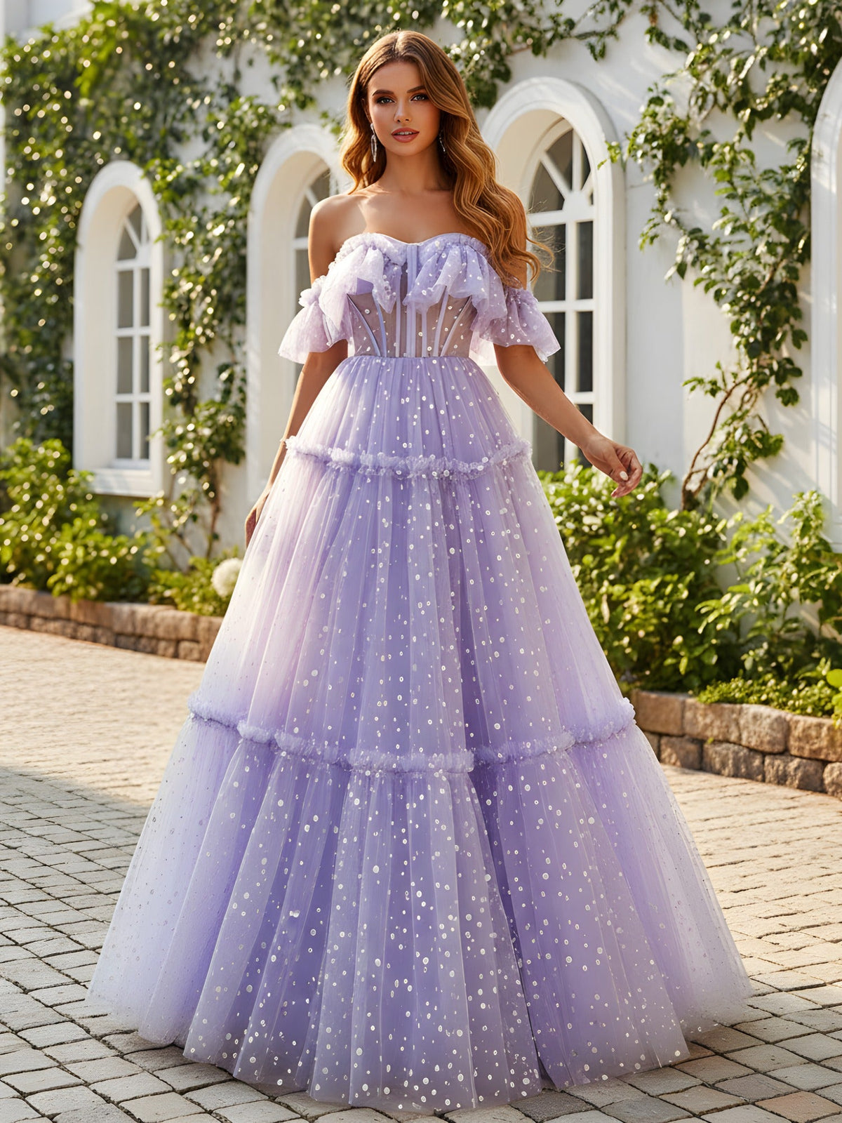 Off-the-shoulder A-Line Tiered Tulle Dress With Dots Lilac
