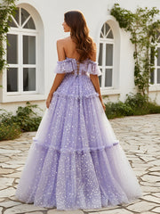 Off-the-shoulder A-Line Tiered Tulle Dress With Dots Lilac