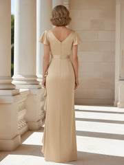 Pleated V-neck Ruffles Sheath Long Dress Champagne