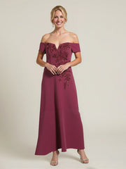 Off-Shoulder Beaded Embroidery A-Line Gown Burgundy