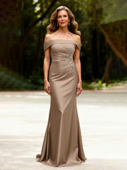 Off-Shoulder Ruched Satin Look Mermaid Gown Taupe