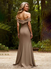 Off-Shoulder Ruched Satin Look Mermaid Gown Taupe