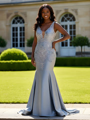 Sleek Stretch Satin Formal Dress with Flared Godet Skirt Dusty Blue