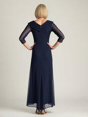 Chiffon Ruched Bodice Formal Gown with Sheer Sleeves Dark Navy