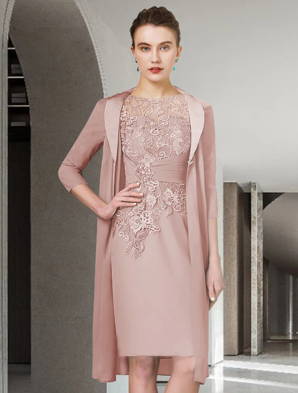 Two Piece Sheath / Column Mother of the Bride Dress Fall Wedding Guest Church Plus Size Elegant Jewel Neck Knee Length Chiffon Lace Half Sleeve Wrap Included Jacket Dresses