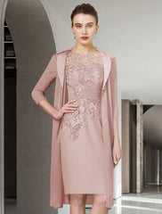 Two Piece Sheath / Column Mother of the Bride Dress Fall Wedding Guest Church Plus Size Elegant Jewel Neck Knee Length Chiffon Lace Half Sleeve Wrap Included Jacket Dresses