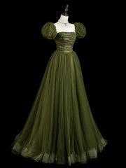 A-Line  Puff Sleeves Tulle Sequin Green Long Prom Dress, Green Long Evening Dress