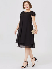 Mother of the Bride Dress Formal Little Black Dress Plus Size Knee Length Chiffon Lace Short Sleeve No with Pleats Beading Lace Insert
