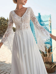 Beach Open Back Boho Wedding Dresses A-Line V Neck Long Sleeve Sweep / Brush Train Chiffon Bridal Gowns